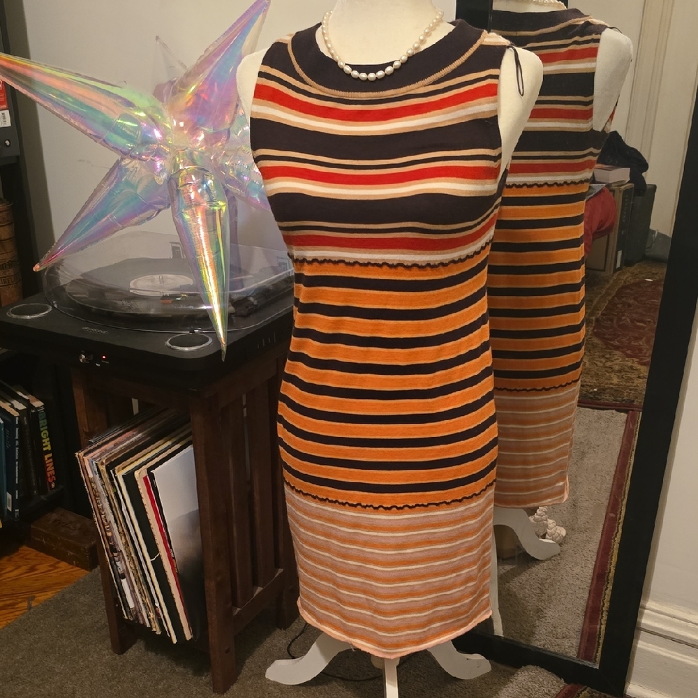 Marni Orange and Black Sheath Midi Dress Sleeveless Crew Neck